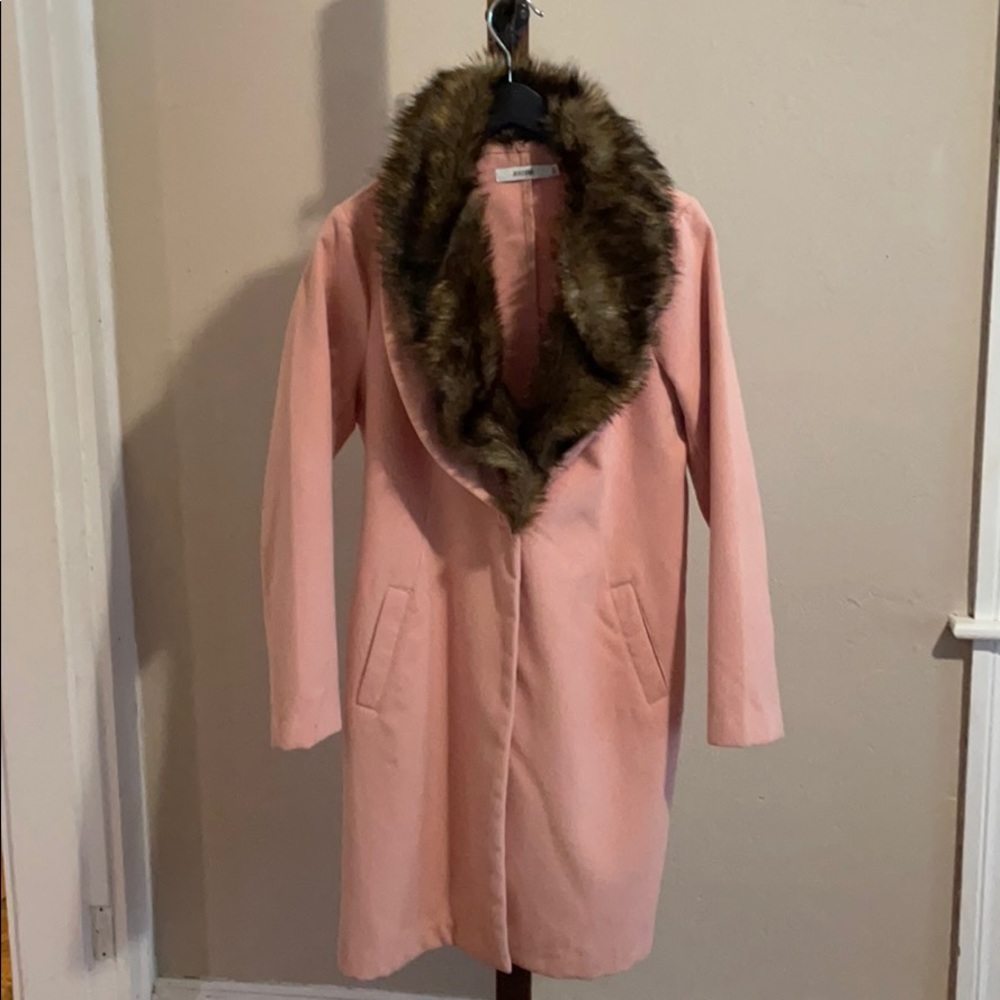 Pink mid length coat with faux fur collar